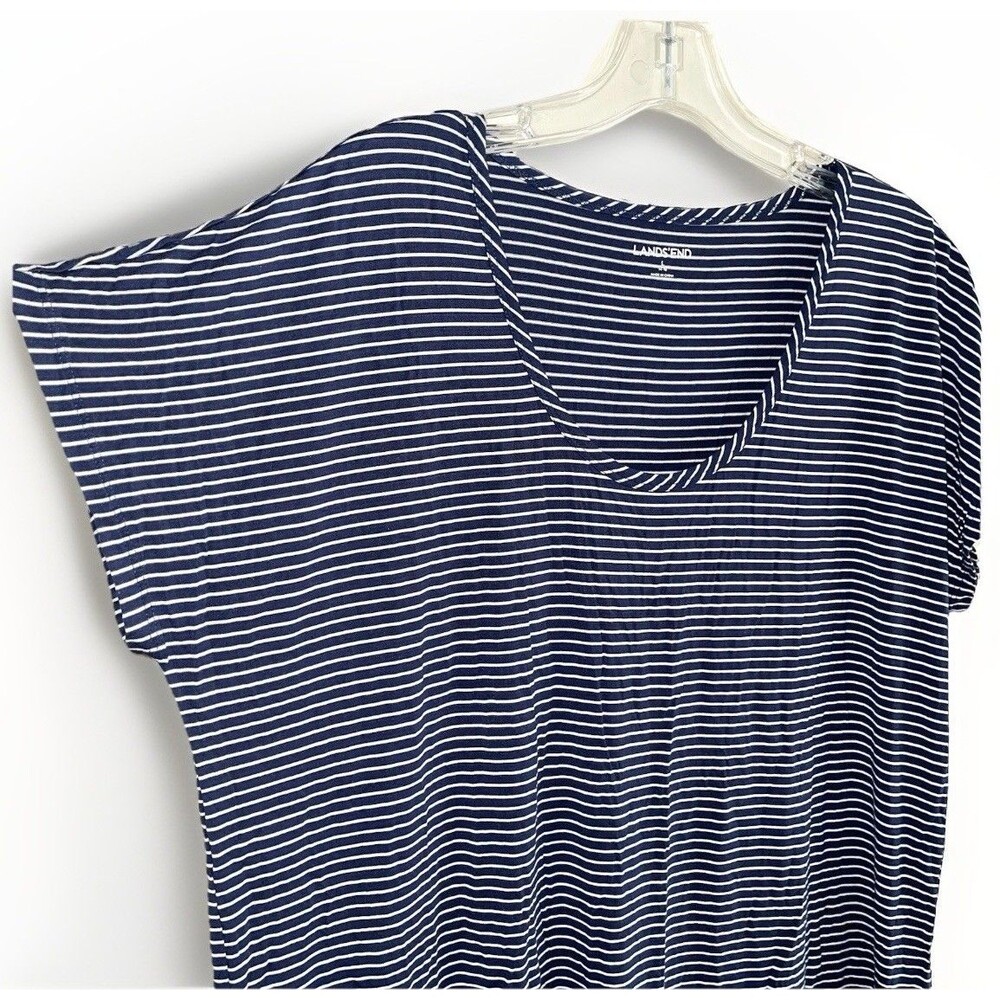 Lands End Knit Tshirt Top Size L Womens Striped Navy Blue White Short Sleeves